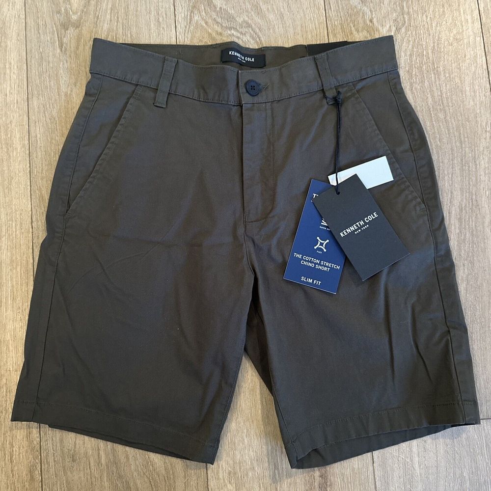 Kenneth Cole Dark Olive Slim Fit Chino Shorts Stretch Size 28‎ NEW
